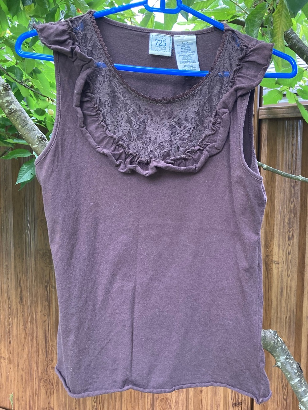 Sleeveless Lace Yoke Ruffle Tank Top — Brown